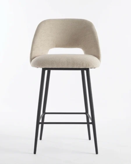 Alvino luxury bar stool front view with curved upholstered back and metal legs modern design