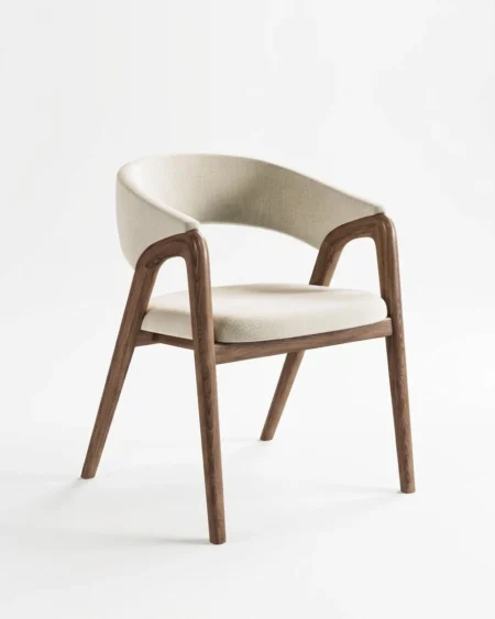Alvino luxury dining chair front view with upholstered seat and curved back wooden legs design