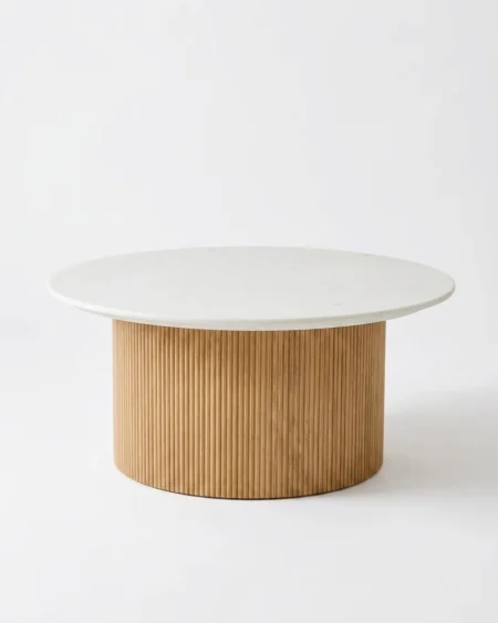 Elvano luxury coffee table with white top and fluted wooden base in minimal design