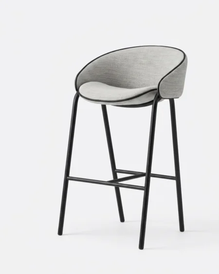 Elvaro luxury bar stool front view with upholstered armrest and curved back metal legs design