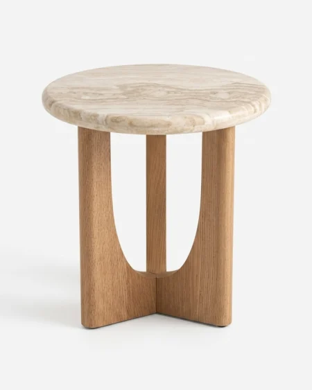 Elvaro luxury side table front view with marble top and wooden base modern design