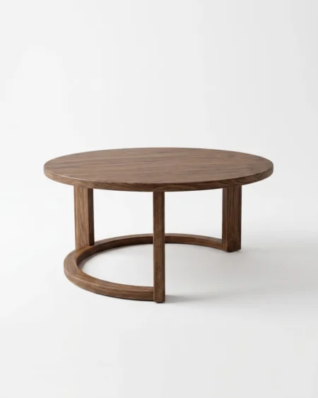 Orvello luxury round coffee table with circular ring base and solid wood top view