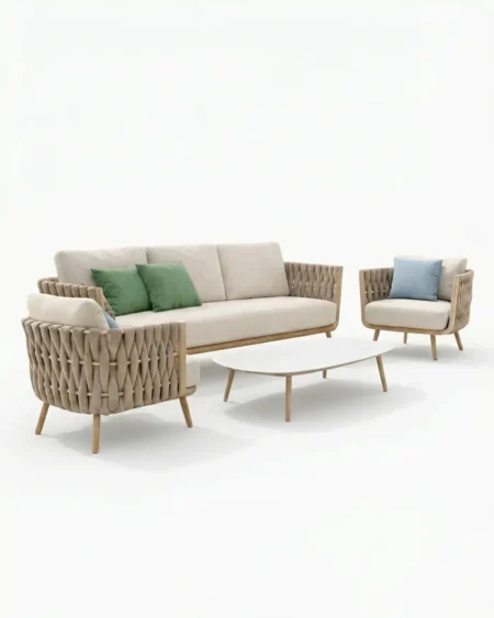 Luxury outdoor sofa set with rope weaving and aluminium frame for patio seating by Craftnika