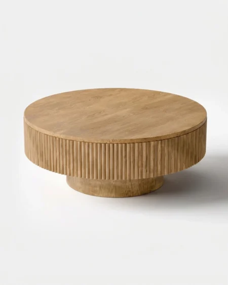 Rovano luxury round coffee table with fluted wood design and solid wooden top view