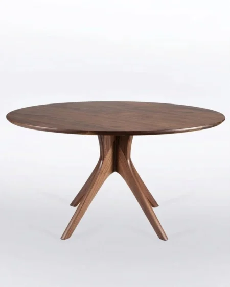 Rovano luxury round wooden dining table front view with sculpted base and premium finish