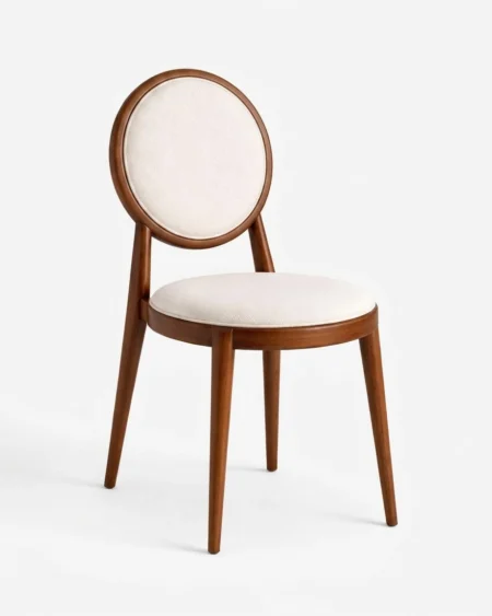 Rovello luxury dining chair front view with round backrest and wooden frame classic design