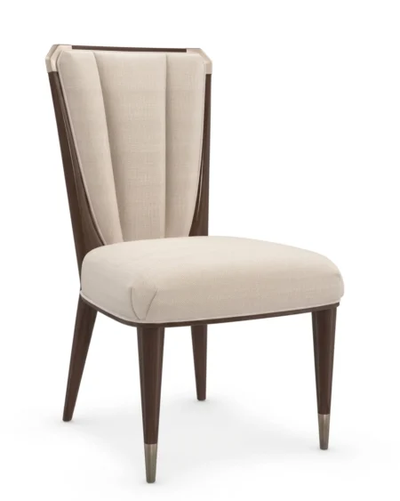 Velaro luxury dining chair front view with high back upholstered design and modern wooden legs