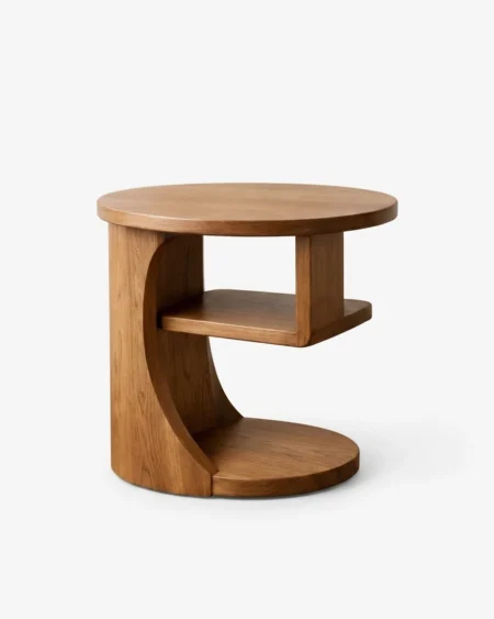 Velmora luxury side table front view with double tier wooden design and curved modern structure