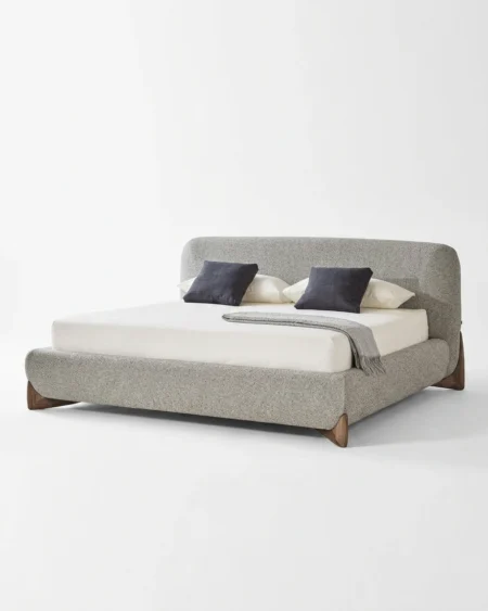 Velora luxury upholstered bed front view with soft fabric headboard and modern design