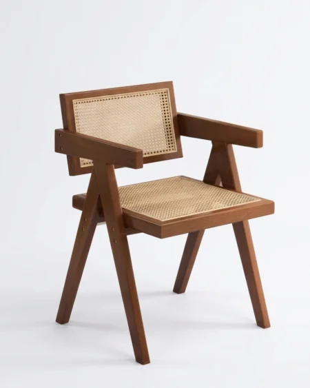 Veltrano luxury arm chair front view with angular wooden frame and premium upholstered seat