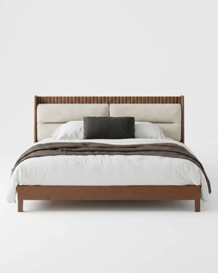 Veltron luxury bed front view with wooden headboard and metal frame modern design