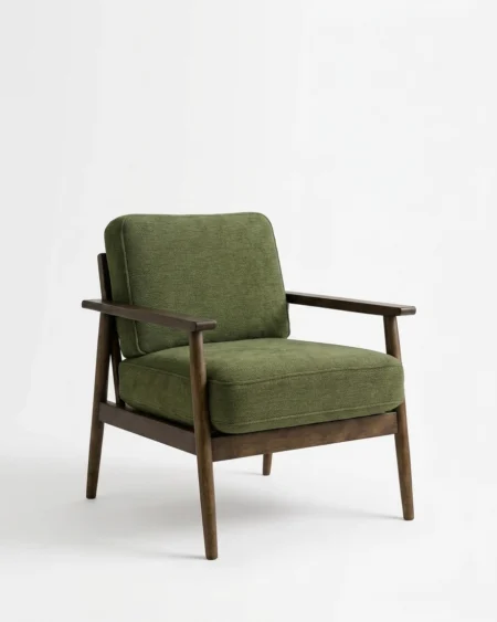 Verdio luxury accent chair front view with green fabric upholstery and solid wood frame