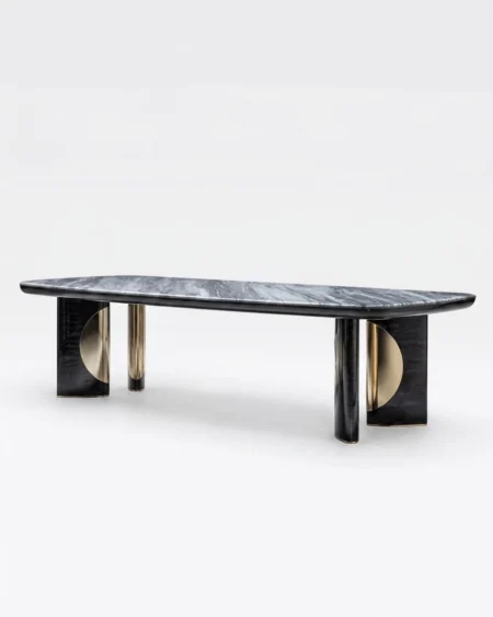 Verluxe luxury black marble dining table front view with modern bold base design
