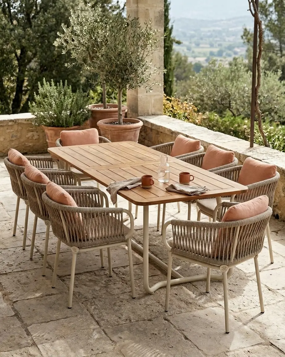 Outdoor dining table set placed in garden with greenery Craftnika